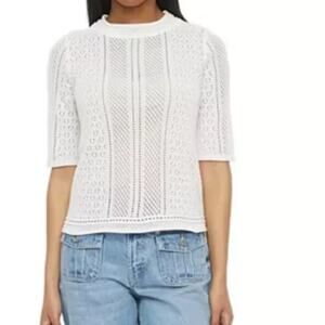 Ryegrass White Loose Weave Knit Sweater Top Round Neck Half Sleeve Size M